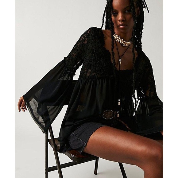 Free People Magdalene Crochet Babydoll Tunic Sz M Sheer Layering Bell Sleeve Top - Picture 2 of 10